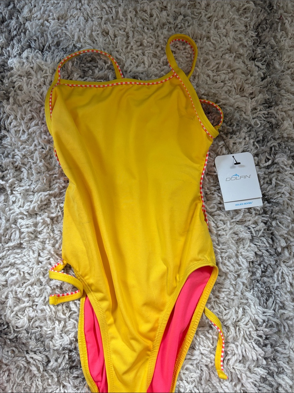 Dolfin Women’s Yellow One-Piece Swimsuit with Pink Lining Size 32